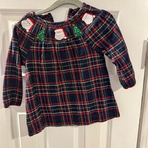 Mud Pie Navy Plaid Kids Blouse with Santa Embroidery